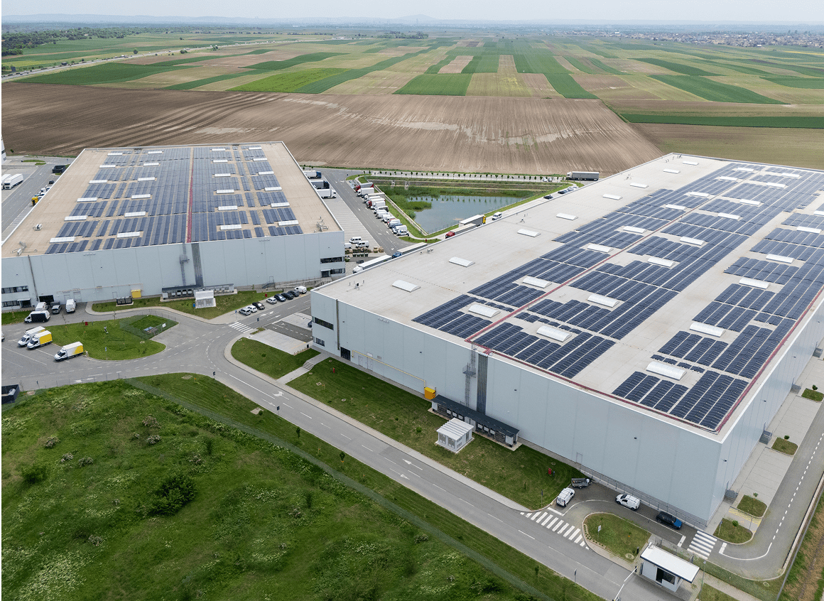 Aerial view of solar panel rooftops