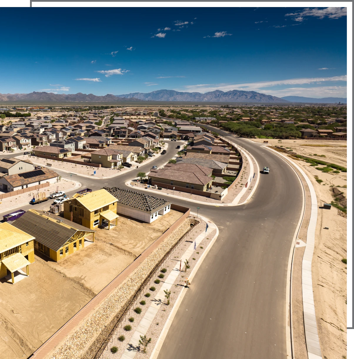 Curving road through residential area